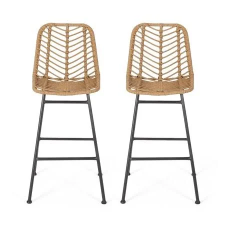 Dimitri Outdoor Wicker Barstools, Set of 2, Light Brown and Black