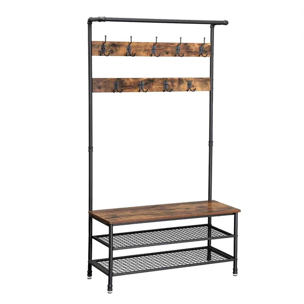 Benjara Metal Coat Rack with Wooden Bench and Two Wire Meshed Shelves, Brown and Black