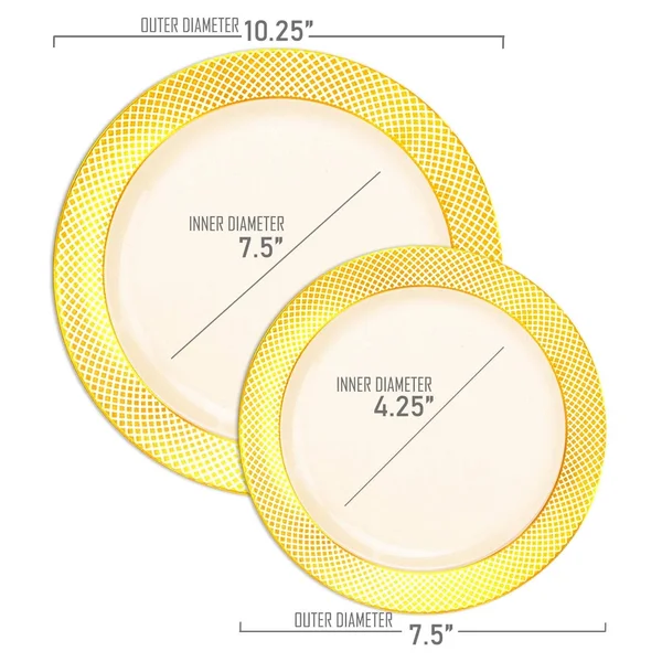 Crystal 7.5x22 Ivory with Gold Diamond Rim Disposable Plastic Salad Plates, Posh Party Supplies