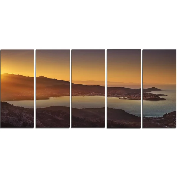 Design Art Portoferraio Bay Beach Aerial View - Extra Large Seashore Canvas Art, 60 in. Wide x 28 in. High - 5 Equal Panels