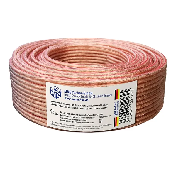 50m Speaker Cable 2x2, 5mm² OFC Round Transparent, with Length Marking, Model 9547