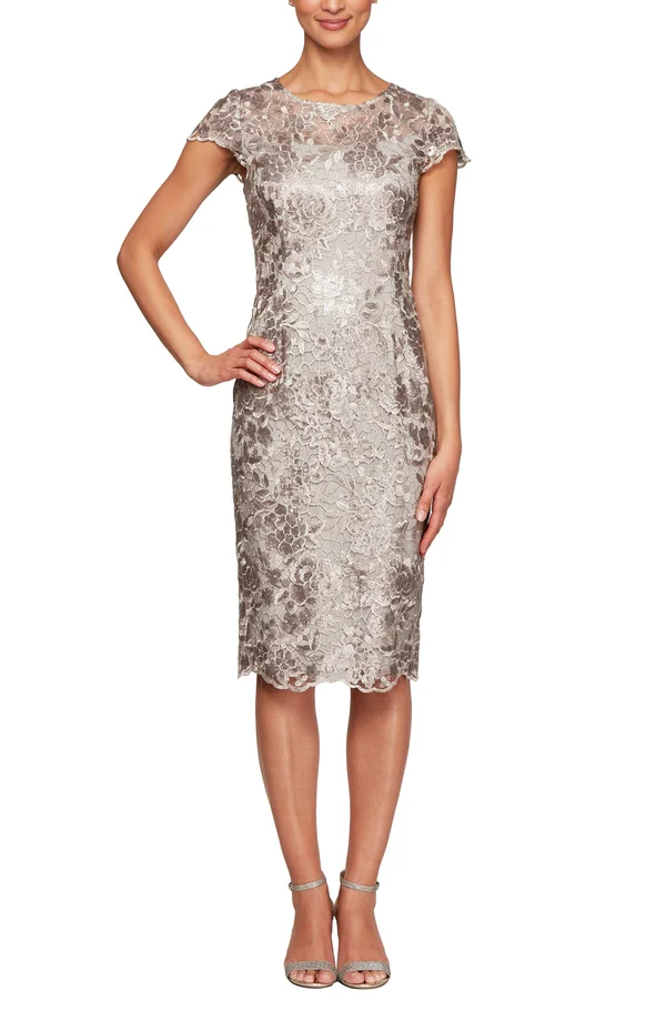 Alex Evenings Short Embroidered Cap Sleeve Women's Dress Taupe : 4