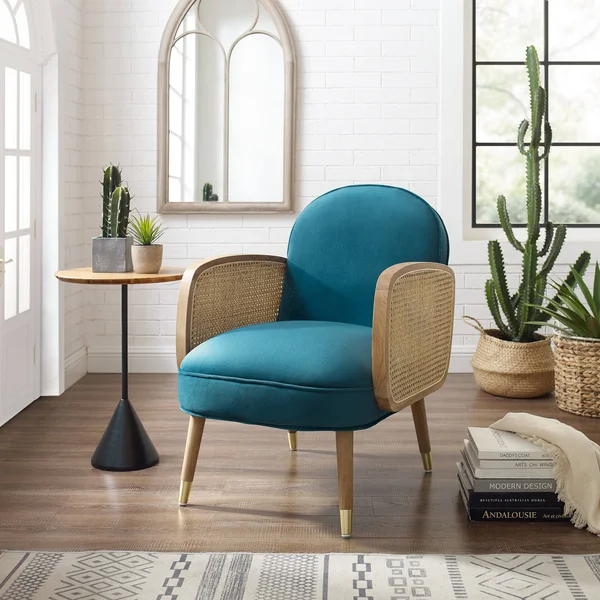 Art-Leon Woven Rattan Armrest Velvet Upholstery Accent Chair