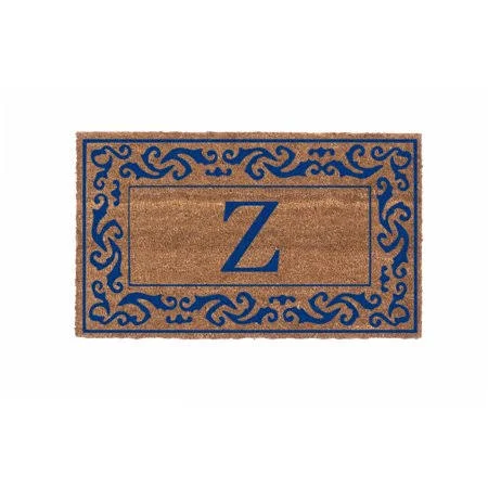 Cocomatsnmore Monogram (N) Vinyl Backed Blue Rolling Scrolls Border Doormats 38 inch x 60 inch - Beige