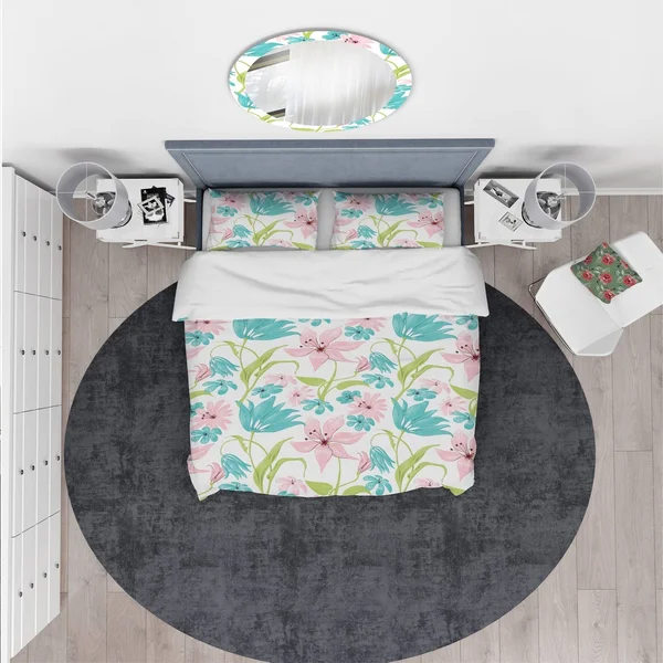 Designart &Pink and Blue Flowers Drawing& Floral Bedding Set - Duvet Cover & Shams - Twin Cover + 1 Sham (comforter Not Incl