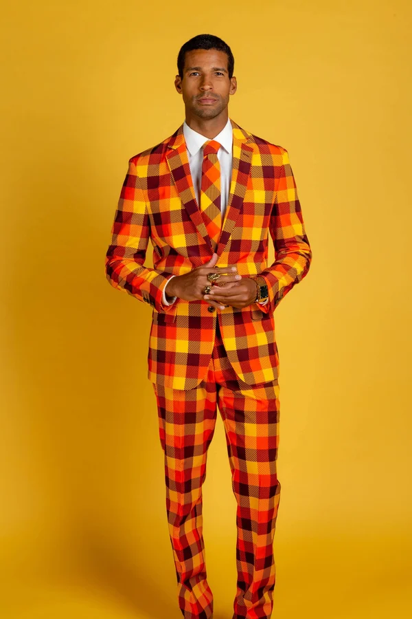 that 70s Suit - Thanksgiving Plaid Suit, Size 36, Orange, Shinesty