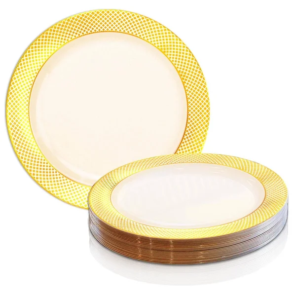 Crystal 7.5x22 Ivory with Gold Diamond Rim Disposable Plastic Salad Plates, Posh Party Supplies