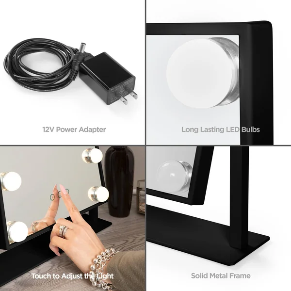 Best Choice Products Hollywood Makeup Vanity Mirror w/ Smart Touch, Adjustable Color Temp & Brightness, 12 LEDs - Black