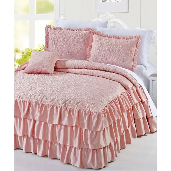 Serenta 4 Piece Matte Satin Ruffle Quilted Bedspread Set - Pink, Queen