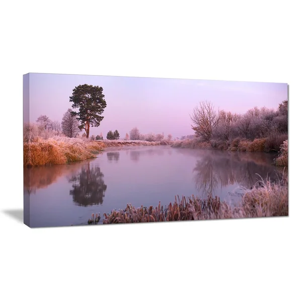 Design Art Misty Autumn Sunrise Over River - Landscape Print Wall Artwork - Yellow, 60 in. Wide x 28 in. High