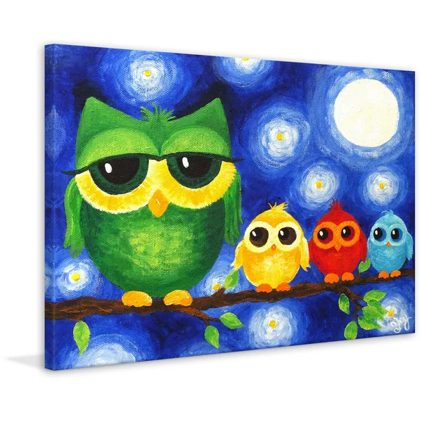 Marmont Hill 'Colorful Owls' by Nicola Joyner Painting Print Canvas Art - Yellow
