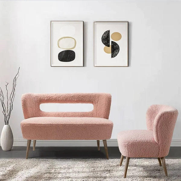 Kanesh Lambskin Sherpa Upholstery Loveseat with Wooden Base - Pink