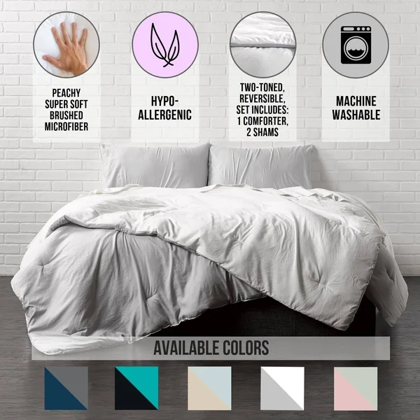 Reversible Brushed Microfiber Plush Down-Alt Comforter 3 Piece Set White/Platinum - King