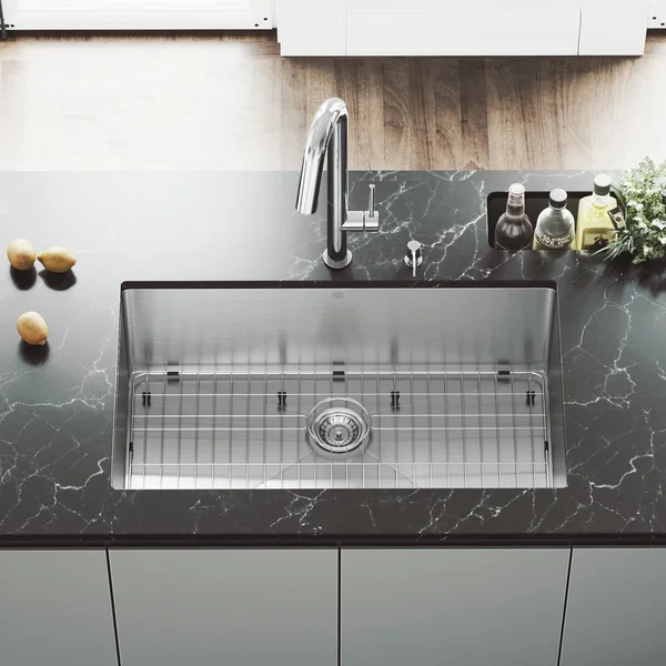 Vigo VG15767 All-in-One 32x22 Mercer Stainless Steel Undermount Kitchen Sink Set with Oakhurst Faucet in Chrome Grid STRAINER an
