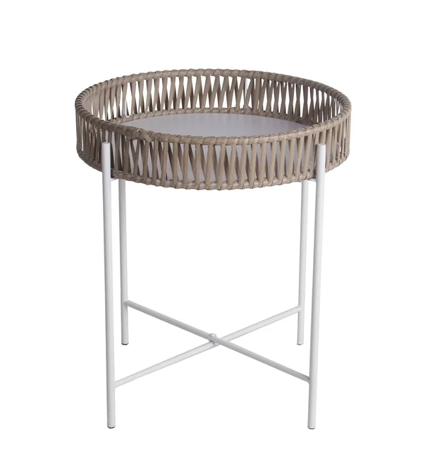 Metal Accent Table with Round Top and Woven Edges - Small, White and Brown