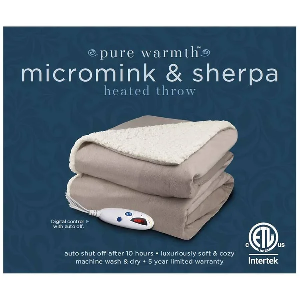 Pure Warmth by Biddeford Micro Mink Sherpa Heated Throw Blanket Denim