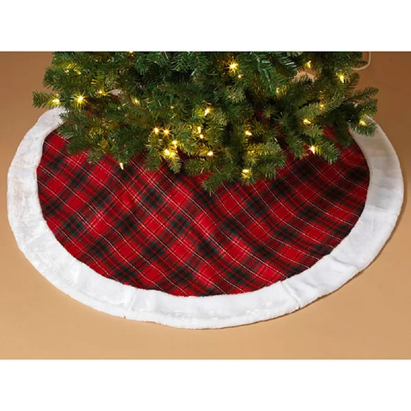 Gerson Red Plaid 48 inch Christmas Tree Skirt with Fur Border Holiday Decoration New