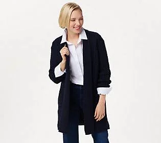 Aran Craft Merino Wool Open Front Long SweaterCardigan, Size XX-Small, Navy