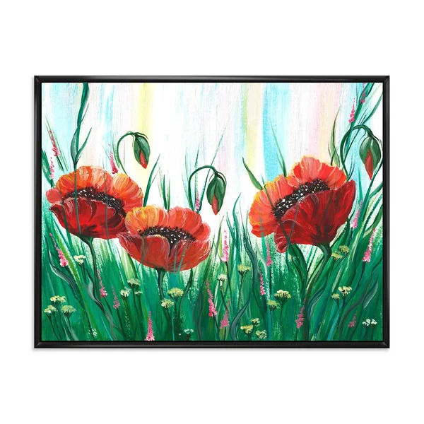 Designart 'Red Bright Poppy Flowers on A Green Meadow' Traditional Framed Canvas Wall Art Print - 40 in. Wide x 30 in. High - Go