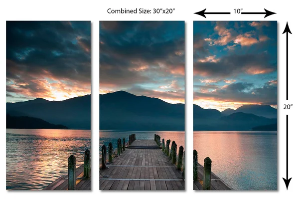 30 x 20 - Cloudy Lake Docks During Sunset Canvas Print - 3 Panel Split - Triptych Wall Art