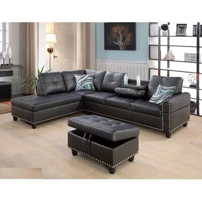 Plyler 97.2x22 Wide Faux Leather Modular Corner Sectional with Ottoman Wade Logan Leather Type: Black Faux Leather - Orientation