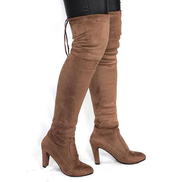 Women's High Boots Over The Knees Stretch Tight Faux Suede Khaki 7.5