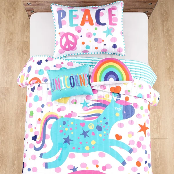 Lush Decor Unicorn Rainbow 4 Piece Quilt Set, Twin, White
