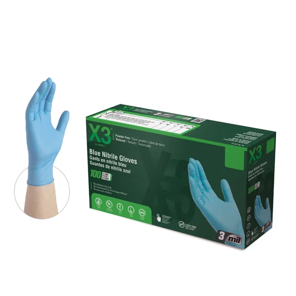 X3 Nitrile - Latex Free, Powder Free, Industrial Disposable Gloves, 2X-Large, Blue, 1000/Case