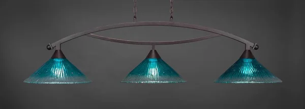 Toltec Lighting 873-DG-715 Bow - Three Light Billiard, Dark Granite Finish with Teal Crystal Glass
