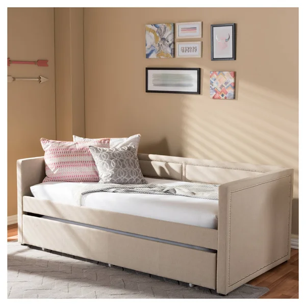 Baxton Studio Raymond Beige Linen Fabric Nail Heads Trimmed Sofa Twin Daybed with Roll-Out Trundle Guest Bed