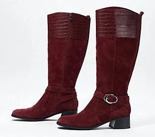Marc Fisher Wide Calf Leather Tall Shaft Boots- Hailin, Size 9-1/2 Wide, Burgundy Suede