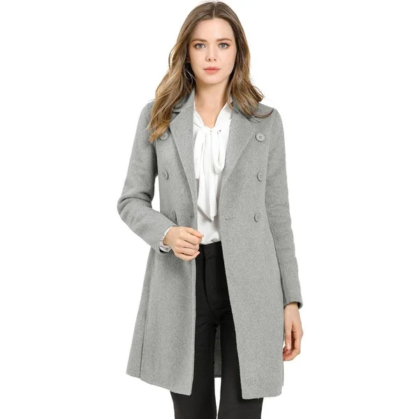 Women's Notch Lapel Double Breasted Slit Hem Long Coat - Apricot