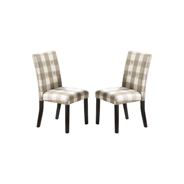 Beige Grid Patterned Fabric Upholstered Side Chairs, Set of 2