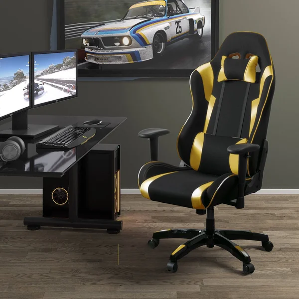 Porch & den Banton Bonded Leather, Fabric, and Mesh High-Back Ergonomic Gaming Chair - White/Blue