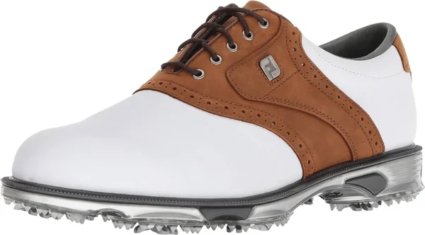DryJoys Men's Tour Golf Shoes Spiked Saddle in White, Bomber Taupe Size 9 N