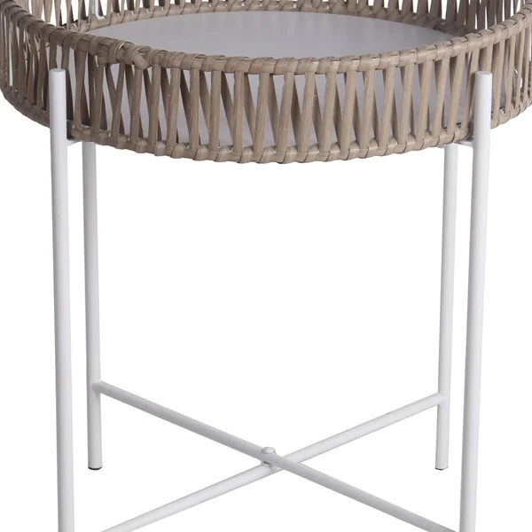 Metal Accent Table with Round Top and Woven Edges - Small, White and Brown