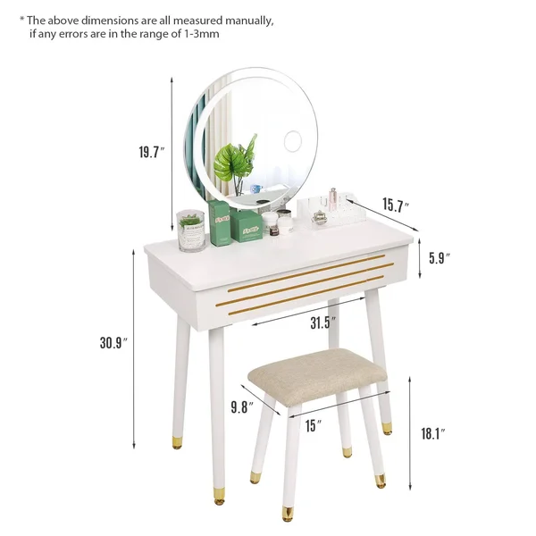 ARTETHYS Vanity Makeup Table Set with 3 Modes Touch Screen Adjustable Lighted Mirror, Cushioned Stool, Big Sliding Drawers Free