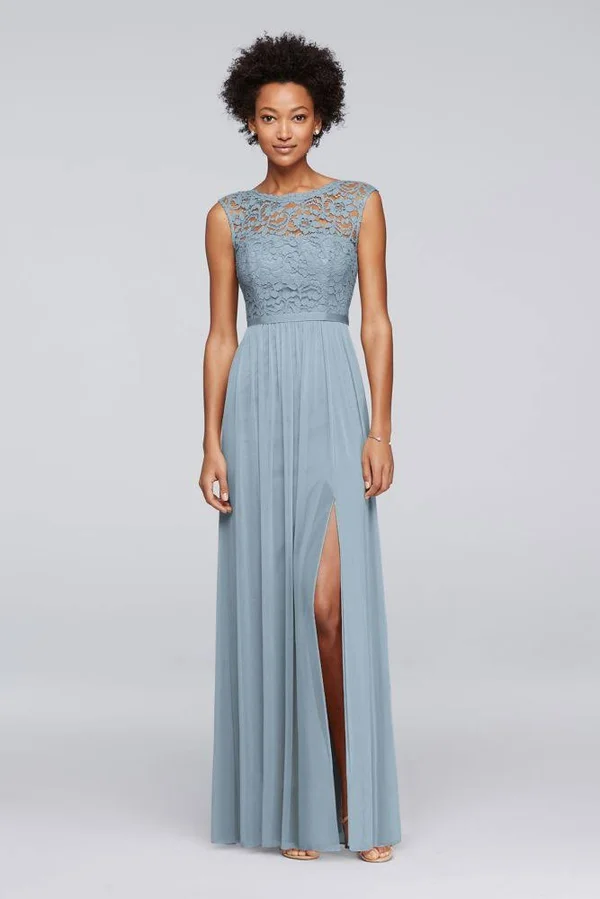 David&s Bridal Long Bridesmaid Dress with Lace Bodice - Marine (Blue) - 30