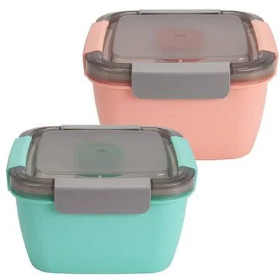 Salad Lunch Container with Large, Bento-Style Tray for Salad Toppings and Snacks, 3-oz Sauce Container for Dressings, and Built