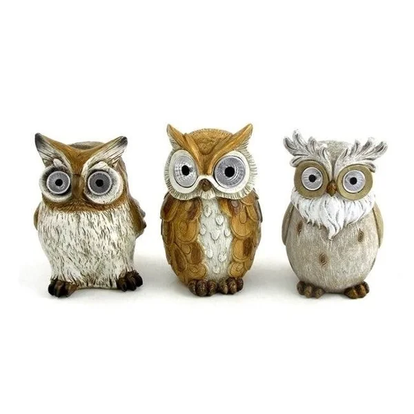 Set of 3 Assorted Owls with Light-Up Solar Eyes - Polyresin