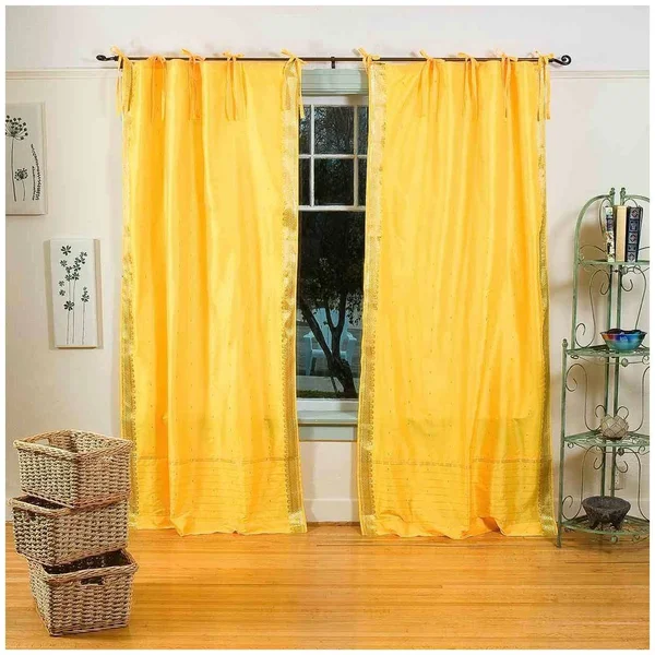 Yellow Tie Top Sheer Sari Curtain, Drape, Panel - Pair