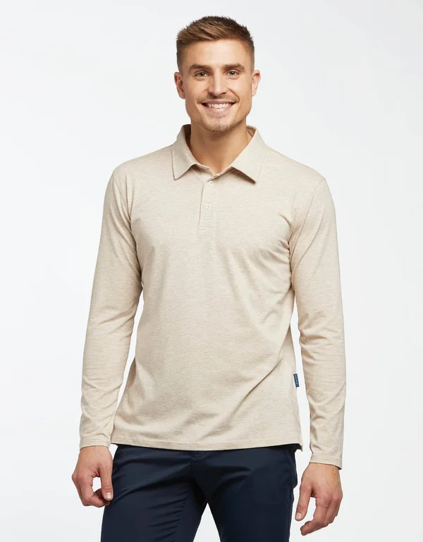 Sun Protective Long Sleeve Polo Shirt for Men UPF50+ - UV Protection Light Grey Marle
