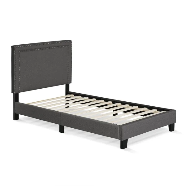 Furinno Laval Double Row Nail Head Bed Frame - 12pc Slat Style, Stone, Twin