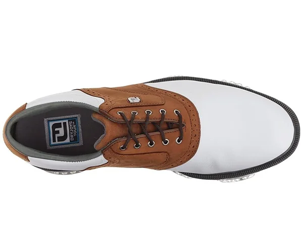 DryJoys Men's Tour Golf Shoes Spiked Saddle in White, Bomber Taupe Size 9 N