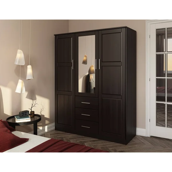 100% Solid Wood 3-Door Cosmo Wardrobe with Mirror 7115 by Palace Imports, Gray