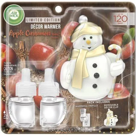 Air Wick Plug in Scented Oil Starter Kit with Snowman Decor Clip (Warmer + 2 Refills) - Apple Cinnamon Medley Scent 1 ct (Pack of