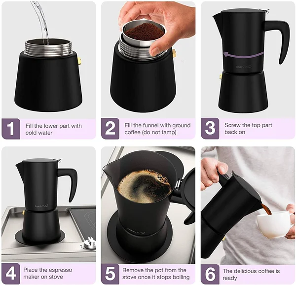 bonVIVO Intenca Stovetop Espresso Maker - Luxurious Italian Coffee Machine Maker, Stainless Steel Espresso Maker Full Bodied Cof