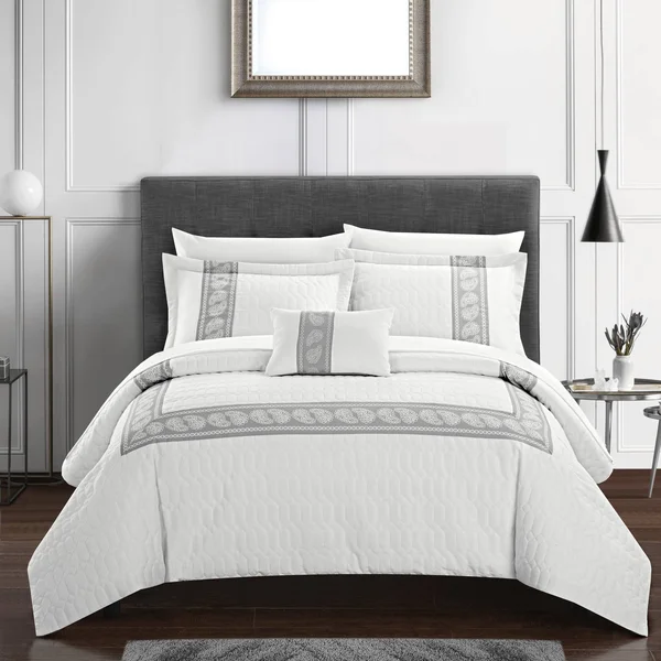 Chic Home Mason 8 Piece Hotel Collection Paisley Comforter Set, Size Queen, White