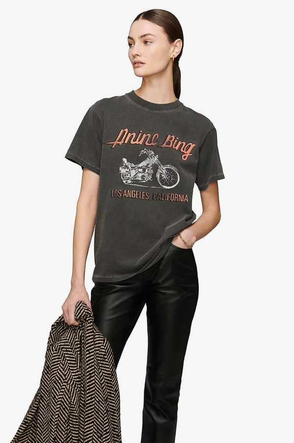 Anine Bing Lili T-Shirt Motorcycle in Charcoal - Medium