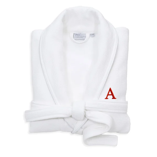 Linum Home Textiles Hotel Turkish Cotton Waffle Terry Bathrobe with Satin Piped Trim - Personalized - White
